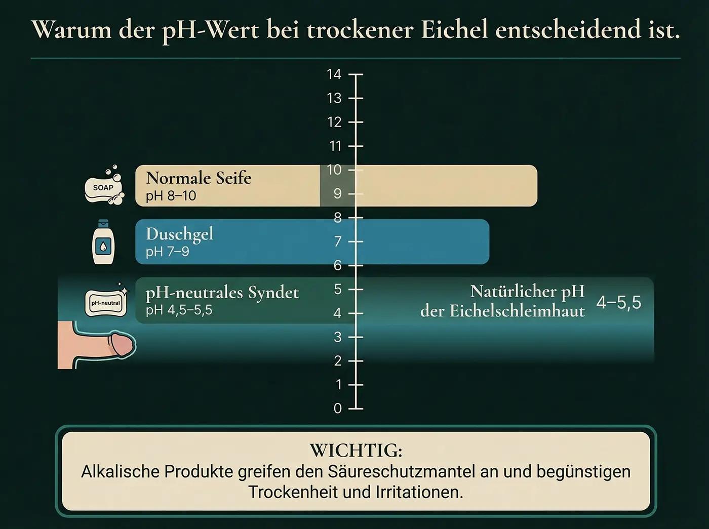 pH-Balkendiagramm 0–14: Normale Seife pH 8–10, Duschgel pH 7–9, Syndet pH 4,5–5,5 (markiert als natürlicher pH der Eichelschleimhaut); Warnbox zu alkalischen Produkten