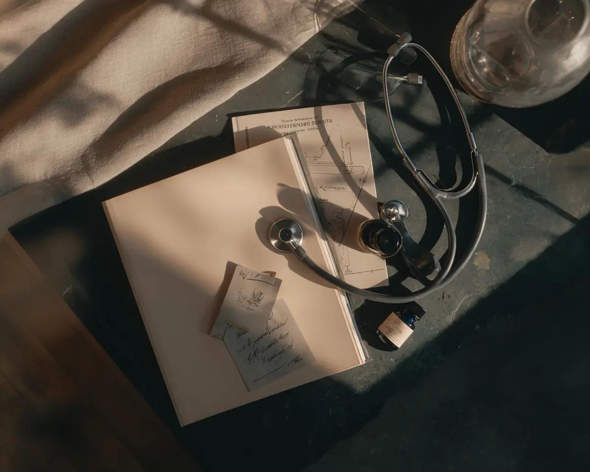 Draufsicht auf dunklen Tisch mit Stethoskop, geöffneter medizinischer Akte, handgeschriebenem Notizzettel und kleiner Flasche – warmes Fensterlicht