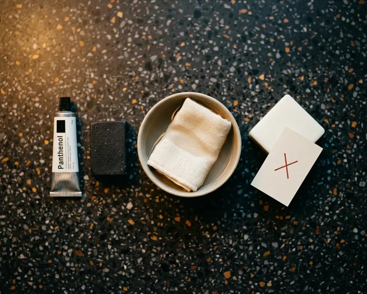 Flatlay auf dunklem Terrazzoboden: Panthenol-Tube, schwarzer Seifenblock, Keramikschale mit Leinenkompresse, weißer Seifenblock mit roter X-Karte – warmes Seitenlicht