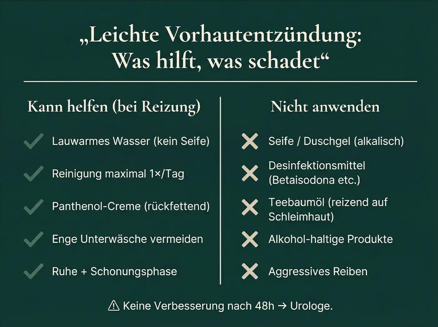 Zwei-Spalten-Infografik: links 'Kann helfen' (Wasser, Panthenol, 1×/Tag); rechts 'Nicht anwenden' (Seife, Betaisodona, Teebaumöl, Alkohol, Reiben); Hinweis: 48h keine Besserung → Urologe