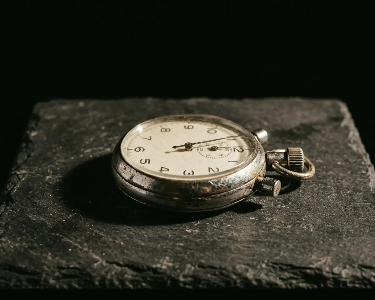 Alte silberne Stoppuhr mit gelblichem Zifferblatt auf dunkler Schieferfläche – Nahaufnahme mit weichem Seitenlicht